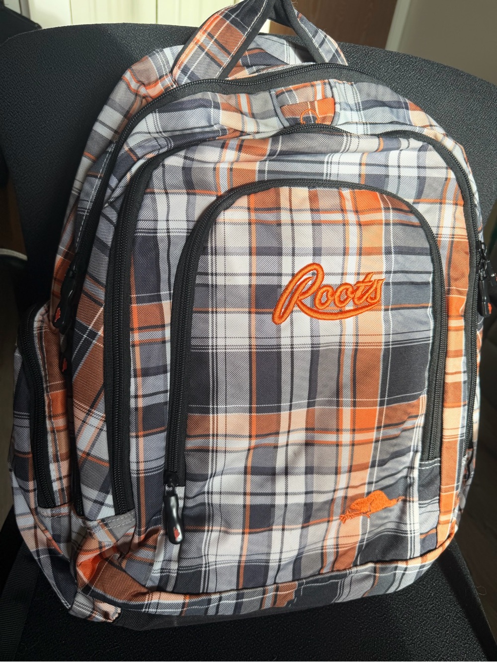 Roots Orange and Gray Plaid Backpack